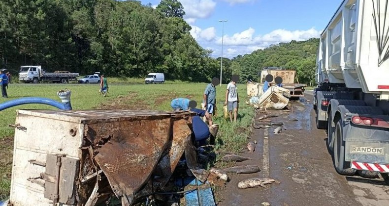 Carga é saqueada após acidente entre carro e carreta no Oeste de SC.