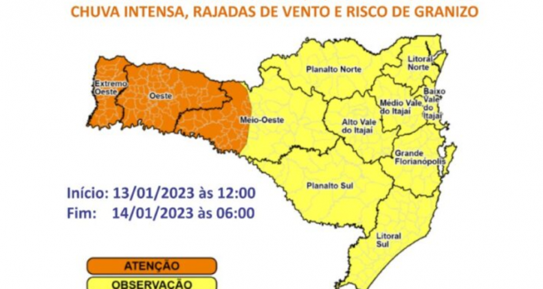 Defesa Civil divulga alerta para municípios do Oeste de SC.