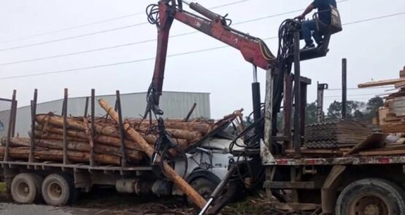 Caminhoneiro morre após toras de madeira atingirem cabine de caminhão.