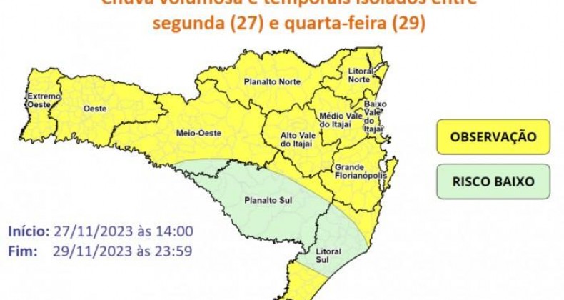 Santa Catarina se prepara para chuvas intensas e temporais isolados.