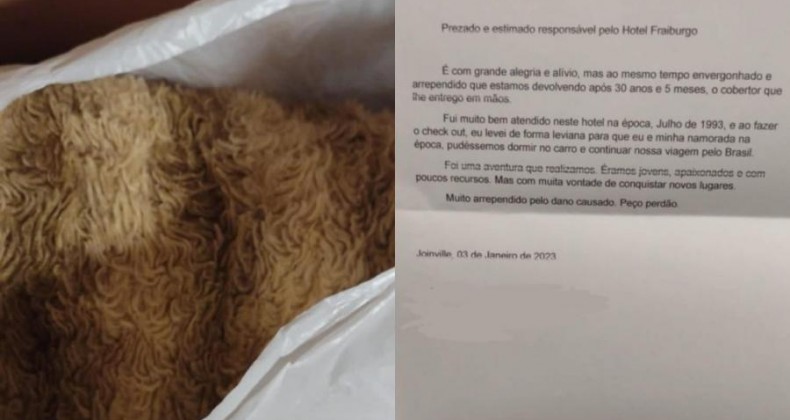 Casal devolve cobertor para hotel 30 anos depois no Oeste.