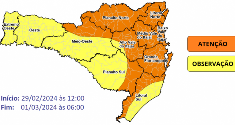 Alerta SC: Temporais com chuva intensa entre quinta e sexta-feira.