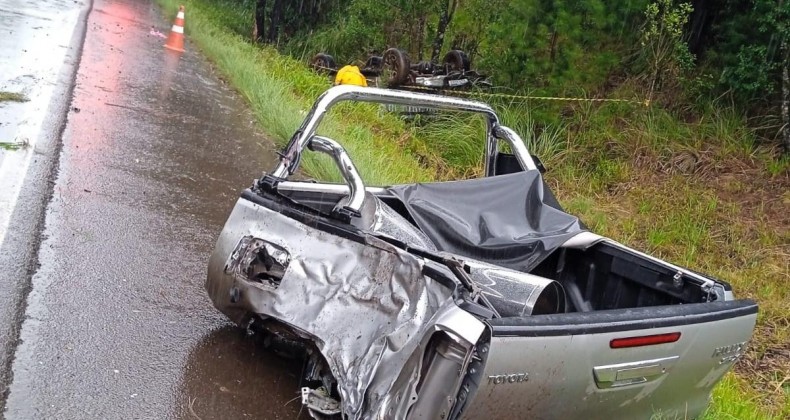 Caçamba se desprende após caminhonete bater contra árvore na BR-282