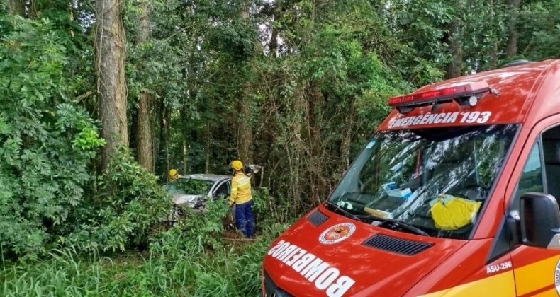 Jovem fica ferido ao sair da pista e colidir carro contra árvores na BR-282 em Maravilha.